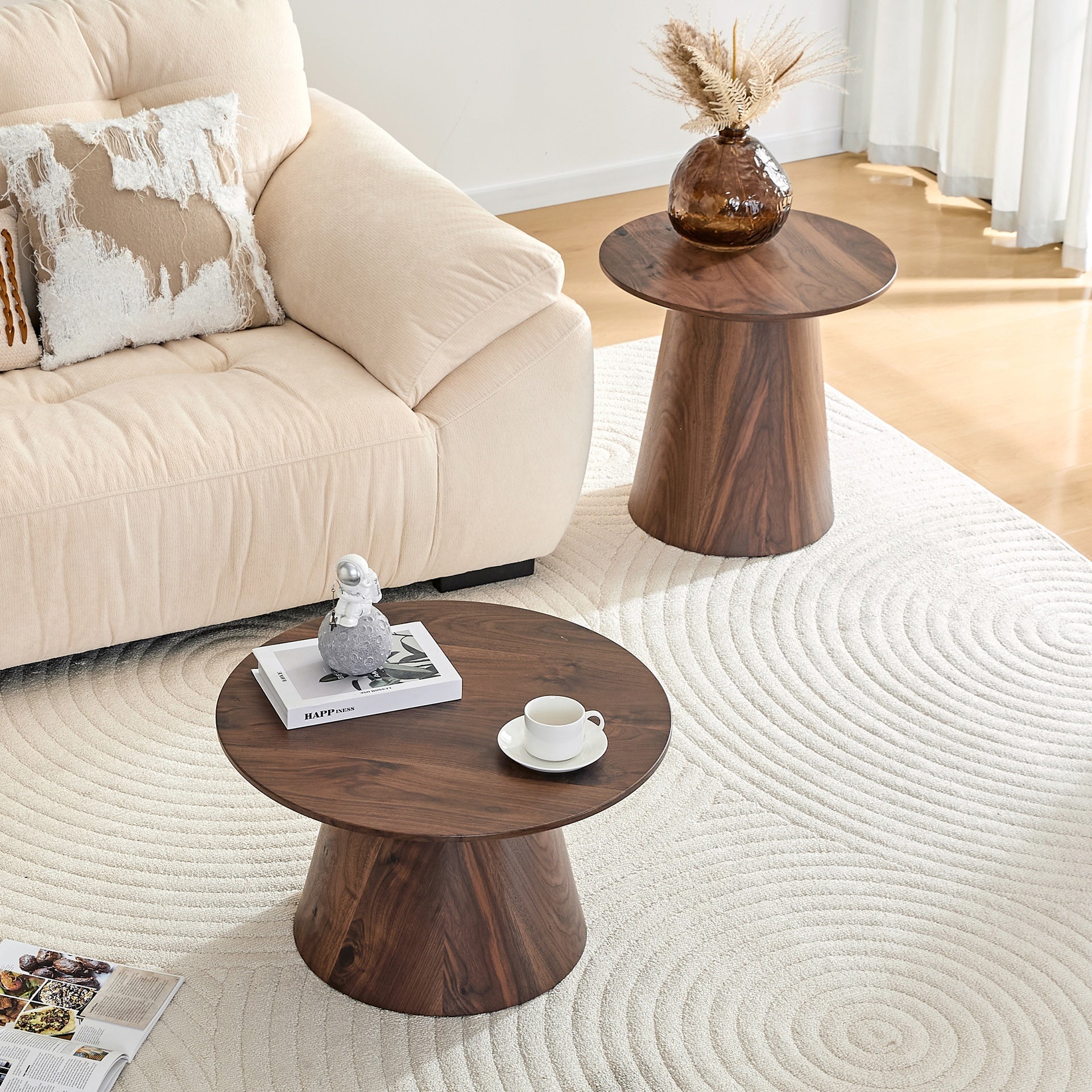 Nested coffee table, medieval-modern style coffee table, featuring walnut wood grain veneer, classic round coffee table and side table set, simple living room, office center table