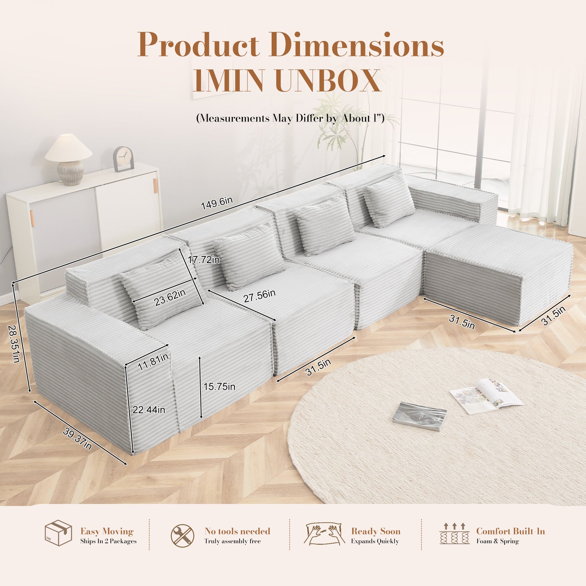 L-Shaped Modular Sectional Sofa, 4-Seater with Ottoman, Striped Corduroy Fabric, High-Density Foam For Home, Apartment, Office (Light Gray)