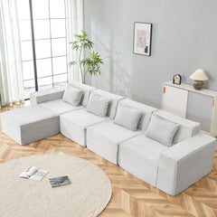 L-Shaped Modular Sectional Sofa, 4-Seater with Ottoman, Striped Corduroy Fabric, High-Density Foam For Home, Apartment, Office (Light Gray)