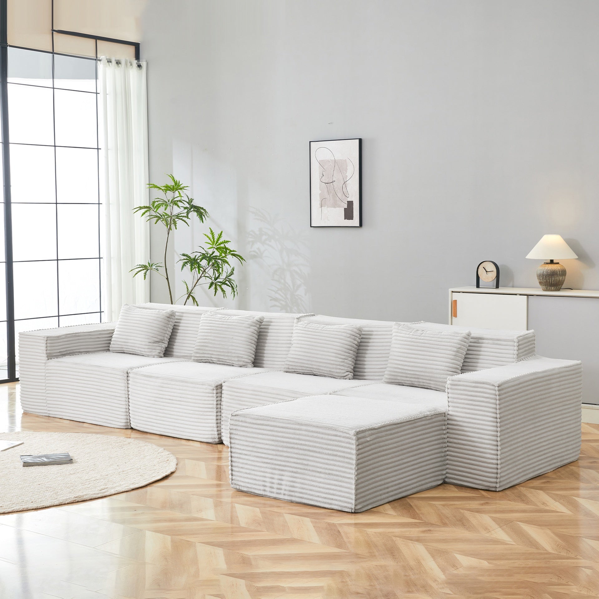 L-Shaped Modular Sectional Sofa, 4-Seater with Ottoman, Striped Corduroy Fabric, High-Density Foam For Home, Apartment, Office (Light Gray)