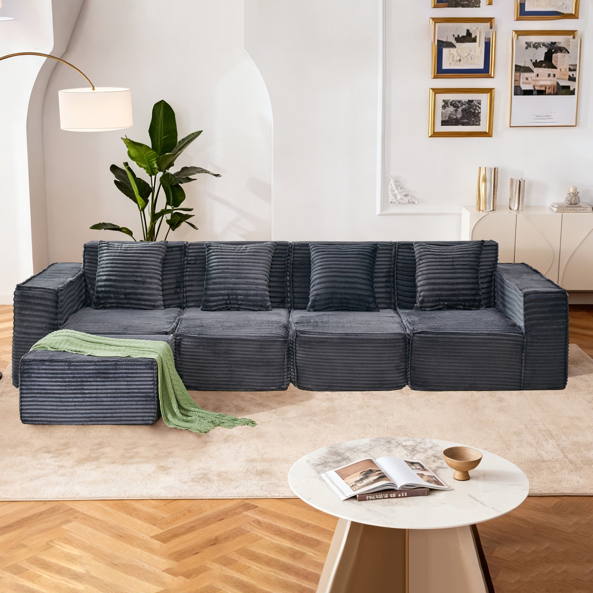 L-Shaped Modular Sectional Sofa, 4-Seater with Ottoman, Striped Corduroy Fabric, High-Density Foam For Home, Apartment, Office (Dark Gray)