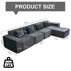L-Shaped Modular Sectional Sofa, 4-Seater with Ottoman, Striped Corduroy Fabric, High-Density Foam For Home, Apartment, Office (Dark Gray)