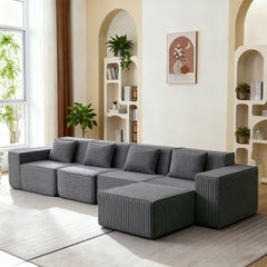 L-Shaped Modular Sectional Sofa, 4-Seater with Ottoman, Striped Corduroy Fabric, High-Density Foam For Home, Apartment, Office (Dark Gray)