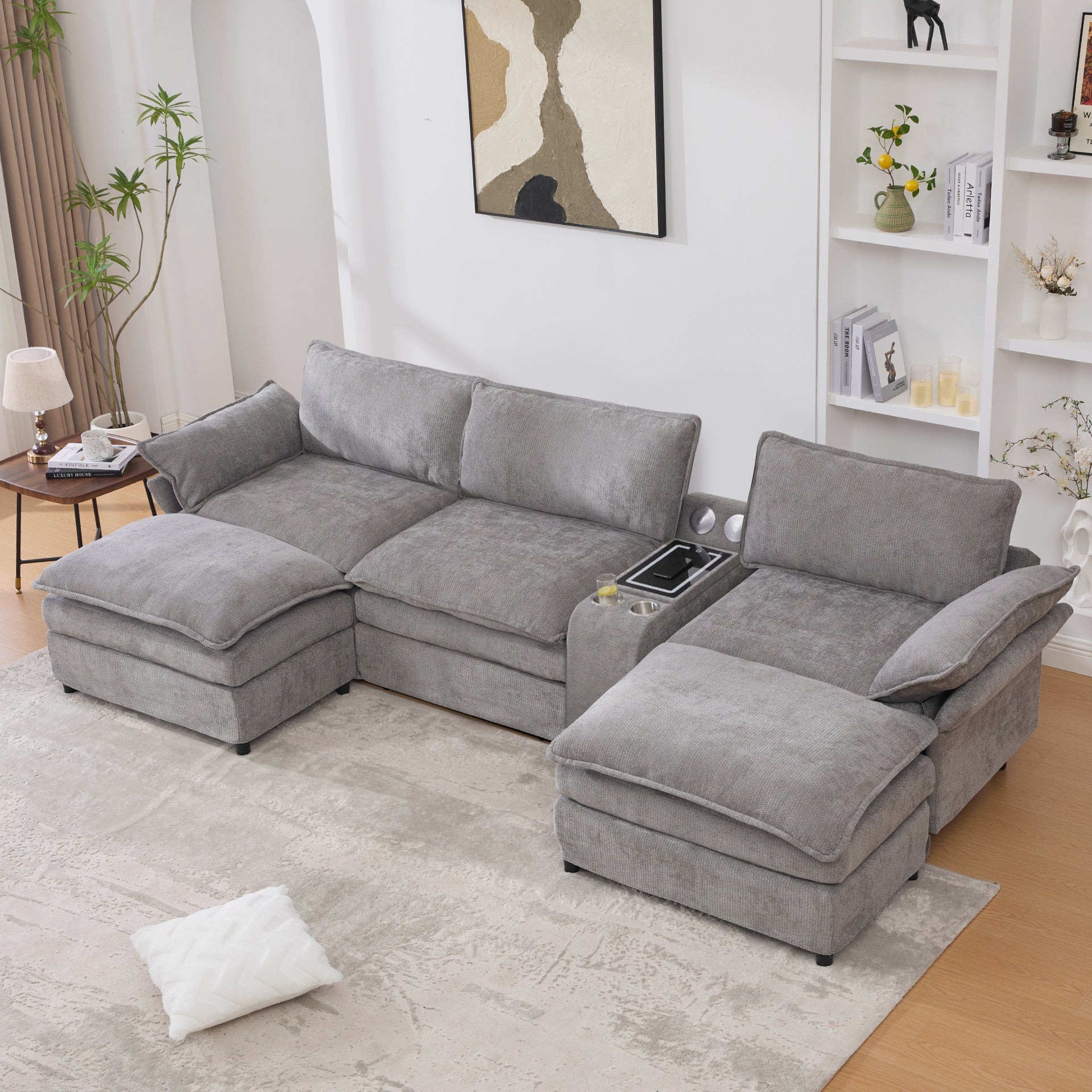 [NEW ARRIVED] [VIDEO PROVIDED]U Shaped Modular Sectional Sofa,Storage Console & Wireless Charging,2 Cup Holders,Bluetooth Speakers,2 Movable Footstools,Adjustable handrail,Movable seat,Chenille,Gray
