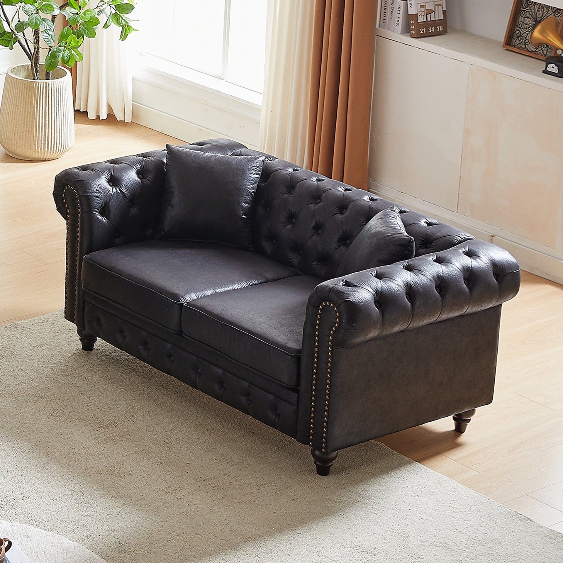 FX 63.5" Contemporary Design chesterfield sofa, Tech Fabric Button Design Living Room Sectional, Button Tufted with Nail Design Arms with 2 Pillows, Upholstered Upholstery and Wooden Legs