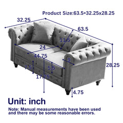 FX 63.5" Contemporary Design chesterfield sofa, Tech Fabric Button Design Living Room Sectional, Button Tufted with Nail Design Arms with 2 Pillows, Upholstered Upholstery and Wooden Legs