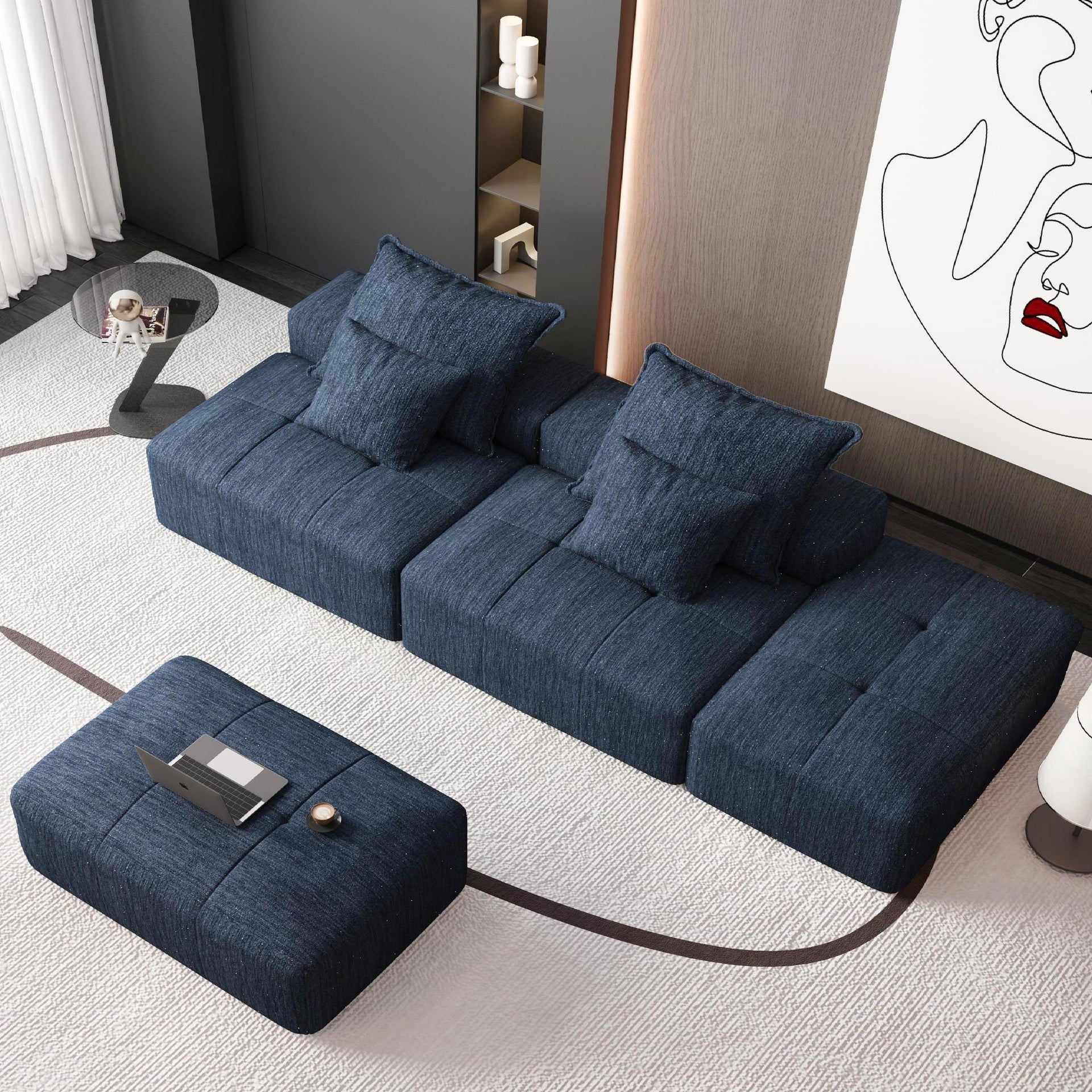 Modern Oversized Modular Sectional Sofa with 2 Ottoman and 2 seat,Sparkling Chenille Fabric Soft Cushion Sofa with 4 Pillows,4 PCS DIY Combination Tufted Sofa,No Assembly Required,BLUE