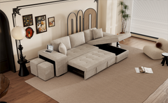 104.5" Modern L-Shape 3 Seat Reversible Sectional Couch, Pull Out Sleeper Sofa with Storage Chaise and 2 Stools for Living Room Furniture Set, Cream