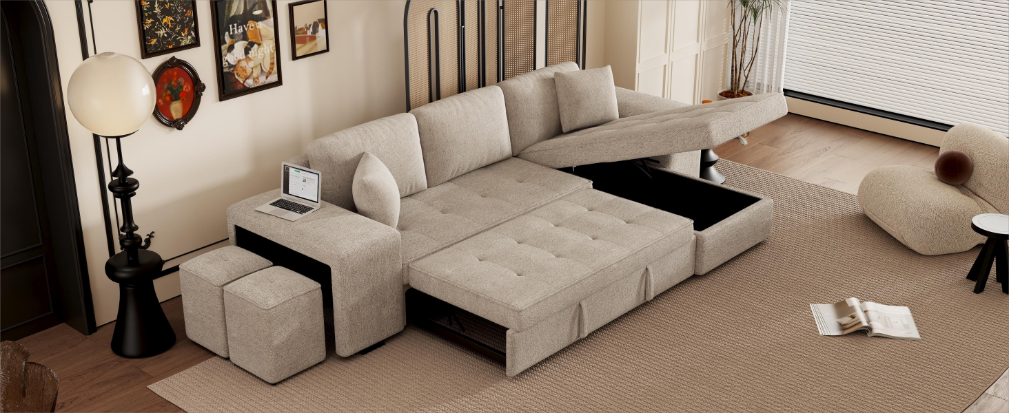 104.5" Modern L-Shape 3 Seat Reversible Sectional Couch, Pull Out Sleeper Sofa with Storage Chaise and 2 Stools for Living Room Furniture Set, Cream