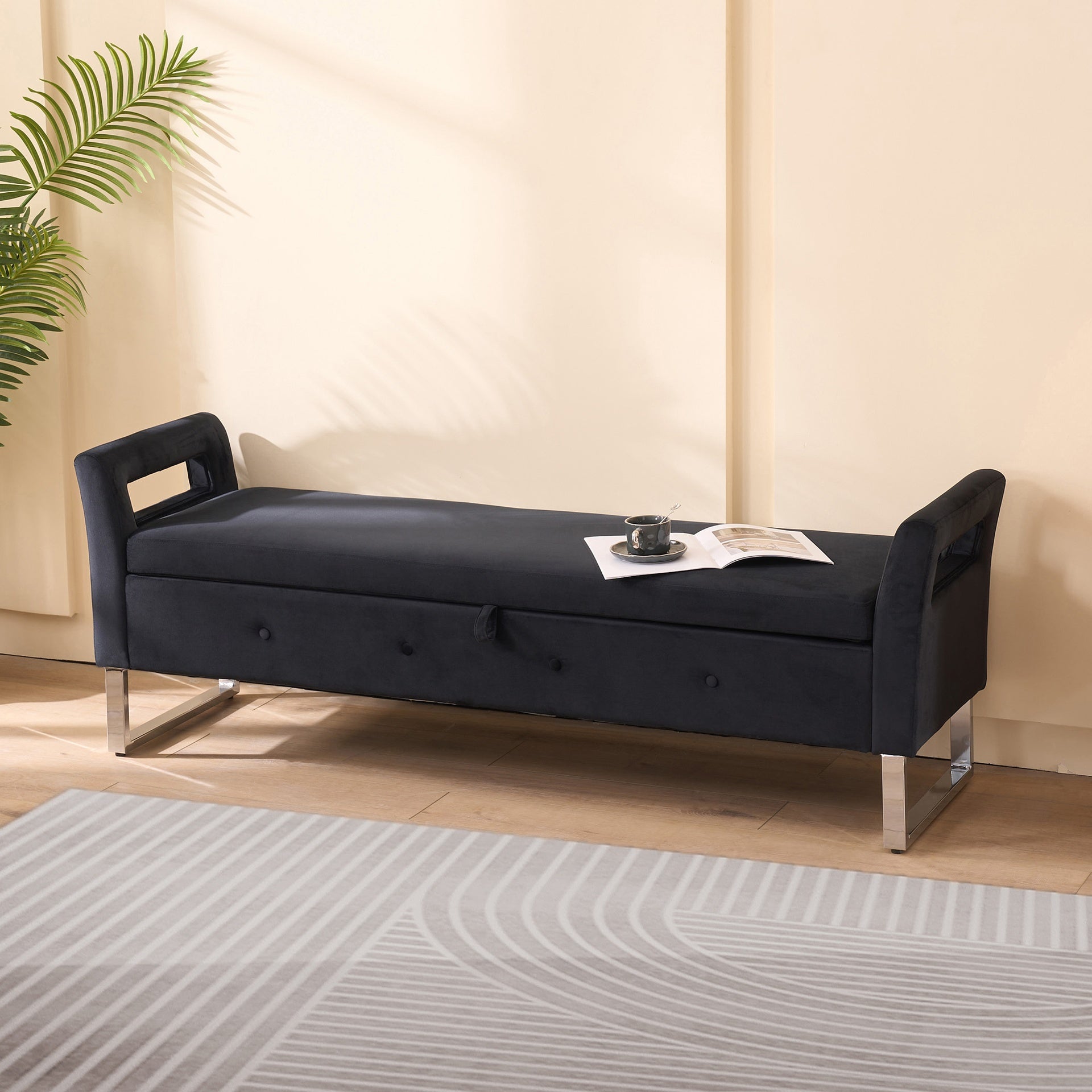 67.91"Wide Velvet Storage Soft Bench with Armrests  for Living Room, Entryway and Bedroom. Black