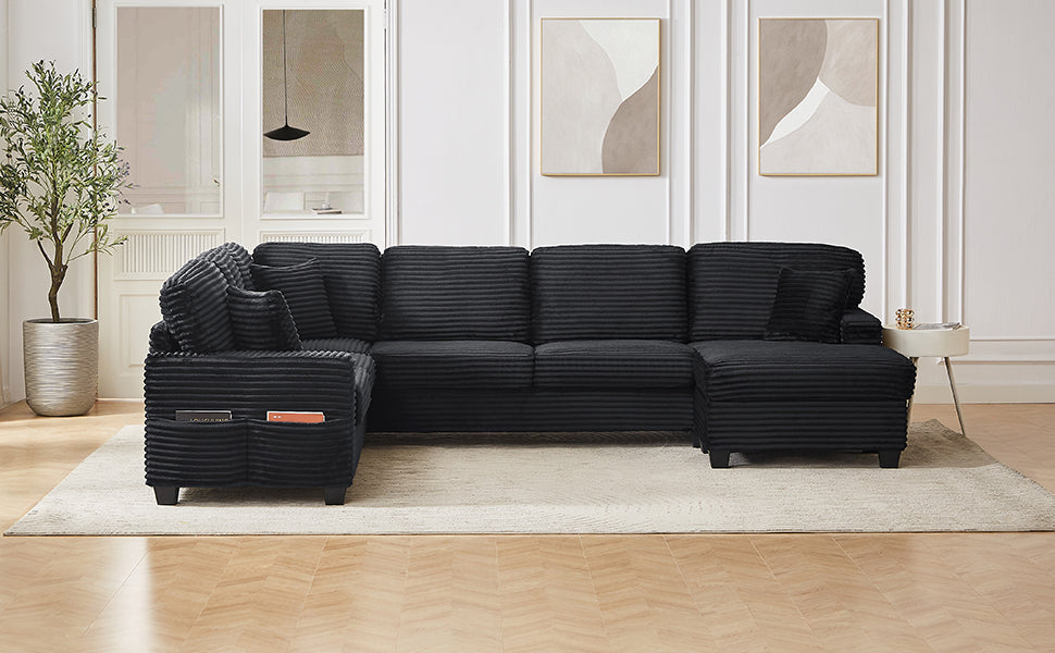 Sectional Sofa U-shaped Sectional 125.2" Upholstered L-shaped Sofa with a Movable Ottoman and Side Storage Pockets for Living Room, Black