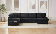 Sectional Sofa U-shaped Sectional 125.2" Upholstered L-shaped Sofa with a Movable Ottoman and Side Storage Pockets for Living Room, Black