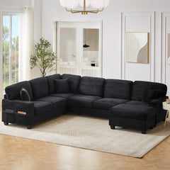 Sectional Sofa U-shaped Sectional 125.2" Upholstered L-shaped Sofa with a Movable Ottoman and Side Storage Pockets for Living Room, Black