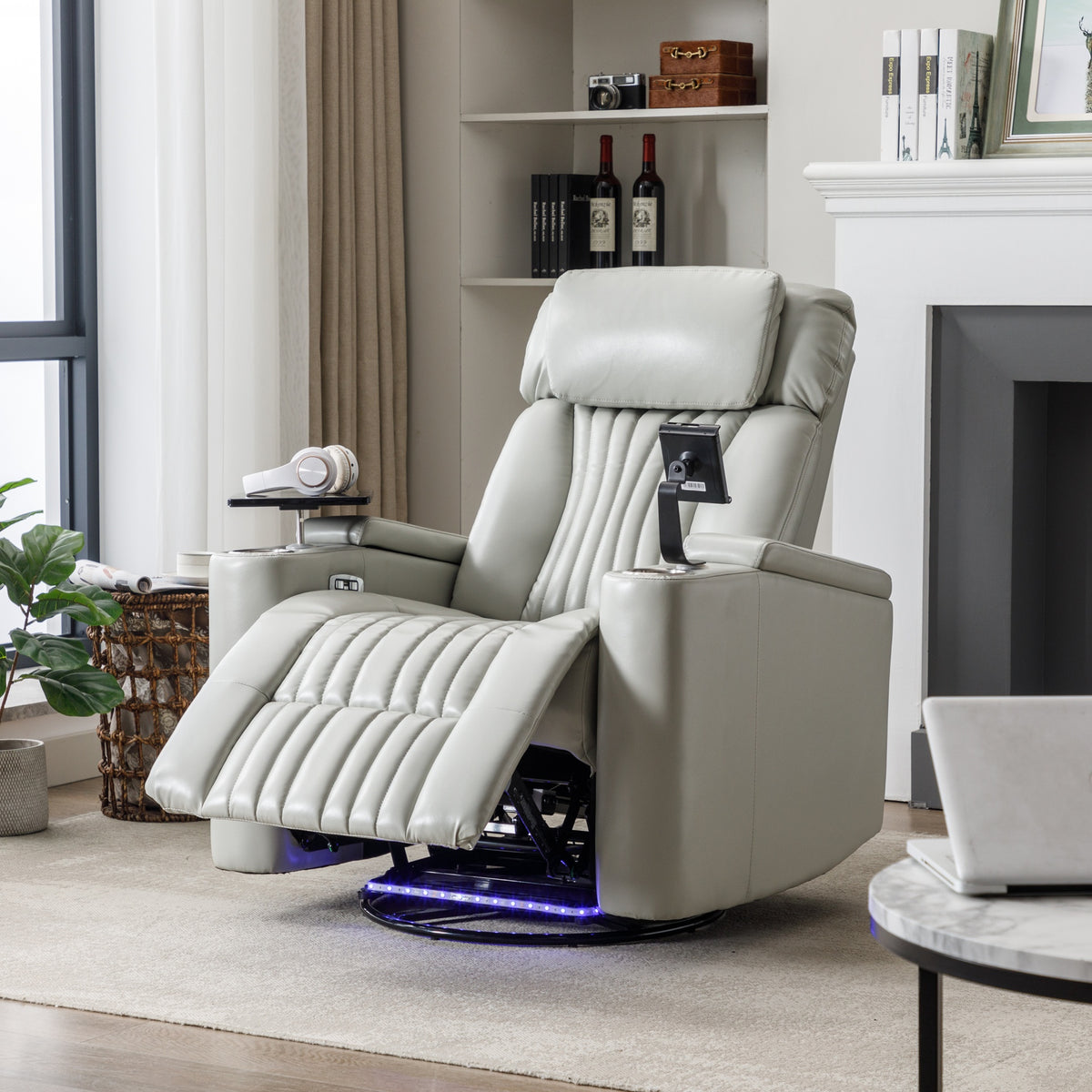 270° Power Swivel Recliner,Home Theater Seating With Hidden Arm Storage and  LED Light Strip,Cup Holder,360° Swivel Tray Table,and Cell Phone Holder,Soft Living Room Chair ,Grey
