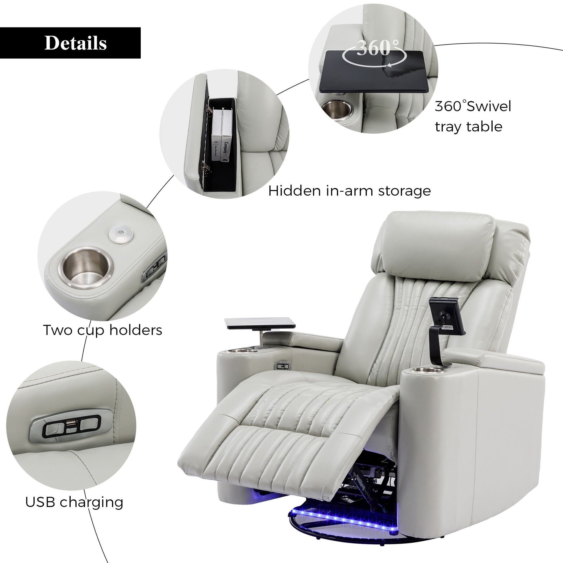 270° Power Swivel Recliner,Home Theater Seating With Hidden Arm Storage and  LED Light Strip,Cup Holder,360° Swivel Tray Table,and Cell Phone Holder,Soft Living Room Chair ,Grey