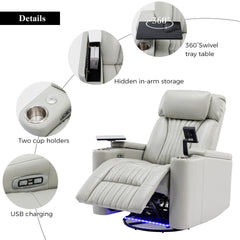 270° Power Swivel Recliner,Home Theater Seating With Hidden Arm Storage and  LED Light Strip,Cup Holder,360° Swivel Tray Table,and Cell Phone Holder,Soft Living Room Chair ,Grey