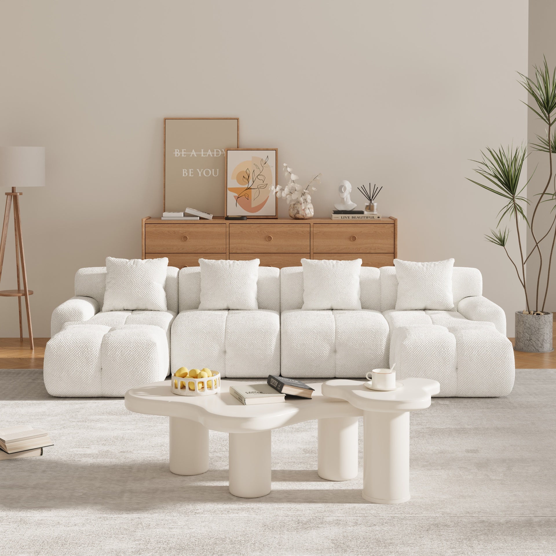 135.4" 6-Piece U-Shaped Sleeper Modular Sectional Sofa Bed Chaise, Oversized 4-Seater Boneless Convertible Block Cloud Tufted Floor Corner Couch Set with 2 Ottomans & 4 Pillows for Living Room, Ivory