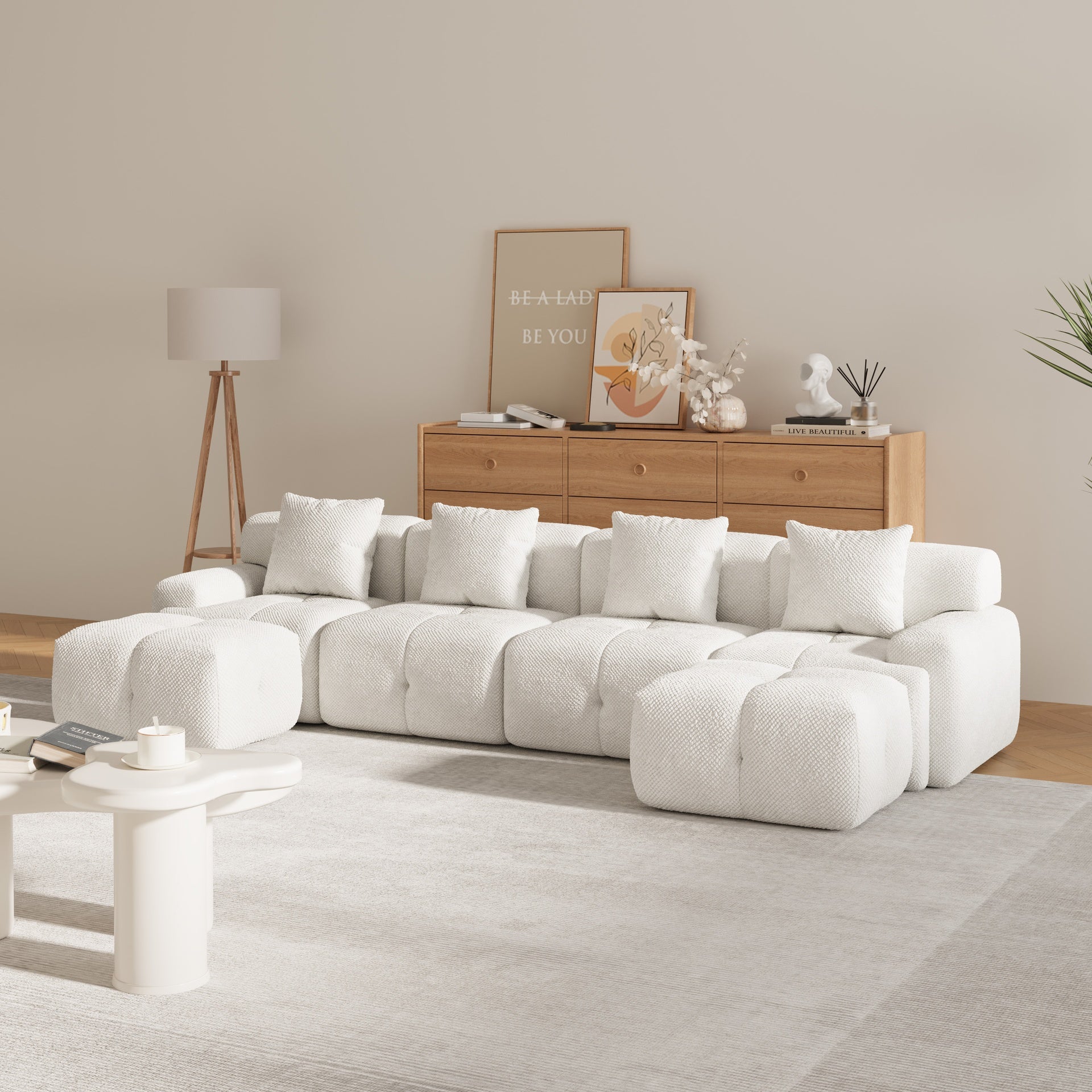 135.4" 6-Piece U-Shaped Sleeper Modular Sectional Sofa Bed Chaise, Oversized 4-Seater Boneless Convertible Block Cloud Tufted Floor Corner Couch Set with 2 Ottomans & 4 Pillows for Living Room, Ivory