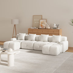 135.4" 6-Piece U-Shaped Sleeper Modular Sectional Sofa Bed Chaise, Oversized 4-Seater Boneless Convertible Block Cloud Tufted Floor Corner Couch Set with 2 Ottomans & 4 Pillows for Living Room, Ivory
