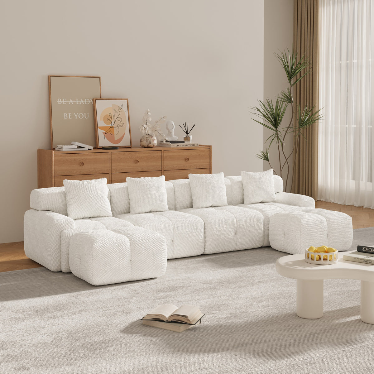 135.4" 6-Piece U-Shaped Sleeper Modular Sectional Sofa Bed Chaise, Oversized 4-Seater Boneless Convertible Block Cloud Tufted Floor Corner Couch Set with 2 Ottomans & 4 Pillows for Living Room, Ivory