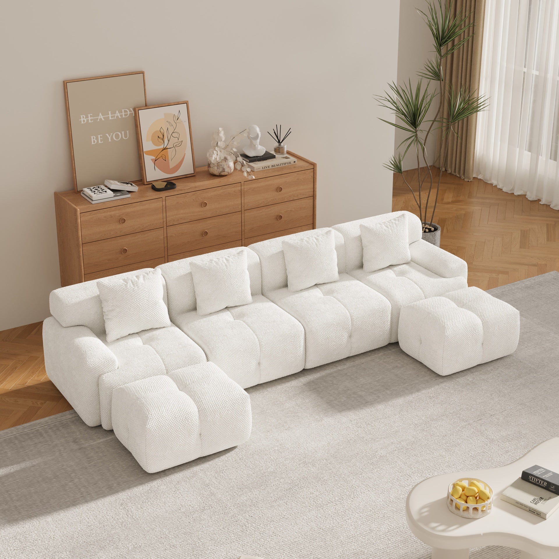135.4" 6-Piece U-Shaped Sleeper Modular Sectional Sofa Bed Chaise, Oversized 4-Seater Boneless Convertible Block Cloud Tufted Floor Corner Couch Set with 2 Ottomans & 4 Pillows for Living Room, Ivory