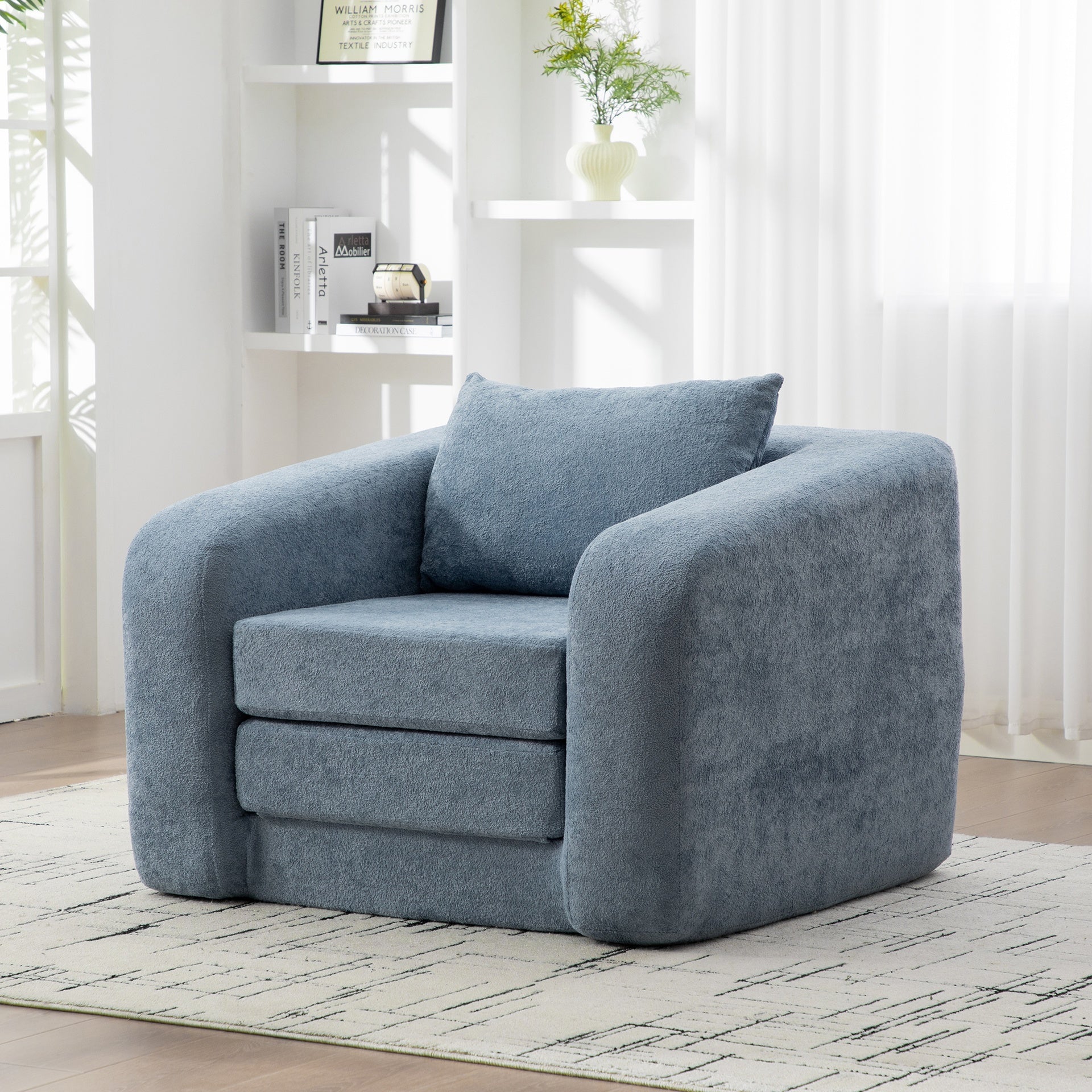 40" Foldable Single Sofa Bed with Armrest & Backrest, Convertible Chenille Boneless Cloud Floor Mattress Sleeper Lounge Accent Chair with Pillow for Apartment Living Room Bedroom Dorm Guest,Light Blue
