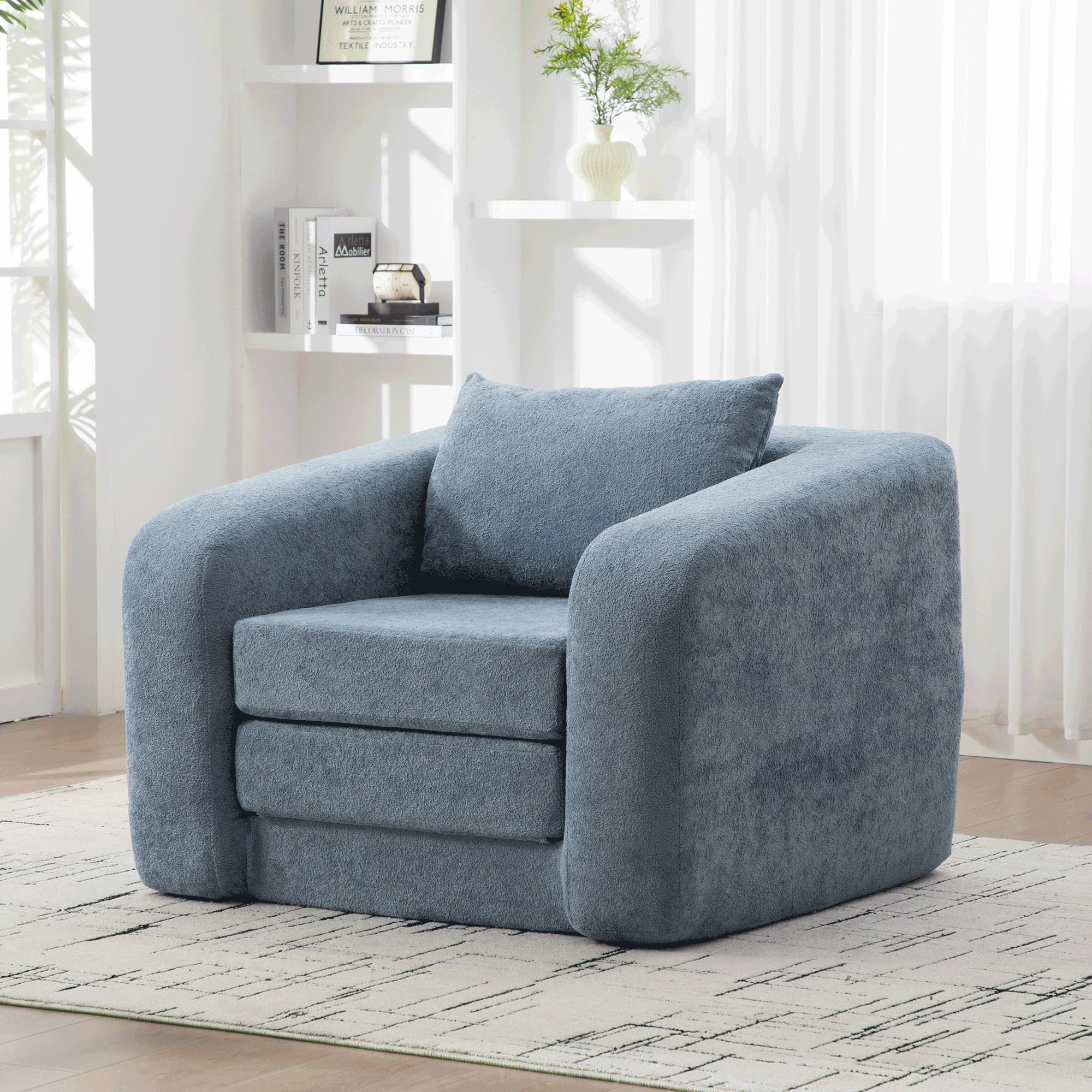 40" Foldable Single Sofa Bed with Armrest & Backrest, Convertible Chenille Boneless Cloud Floor Mattress Sleeper Lounge Accent Chair with Pillow for Apartment Living Room Bedroom Dorm Guest,Light Blue