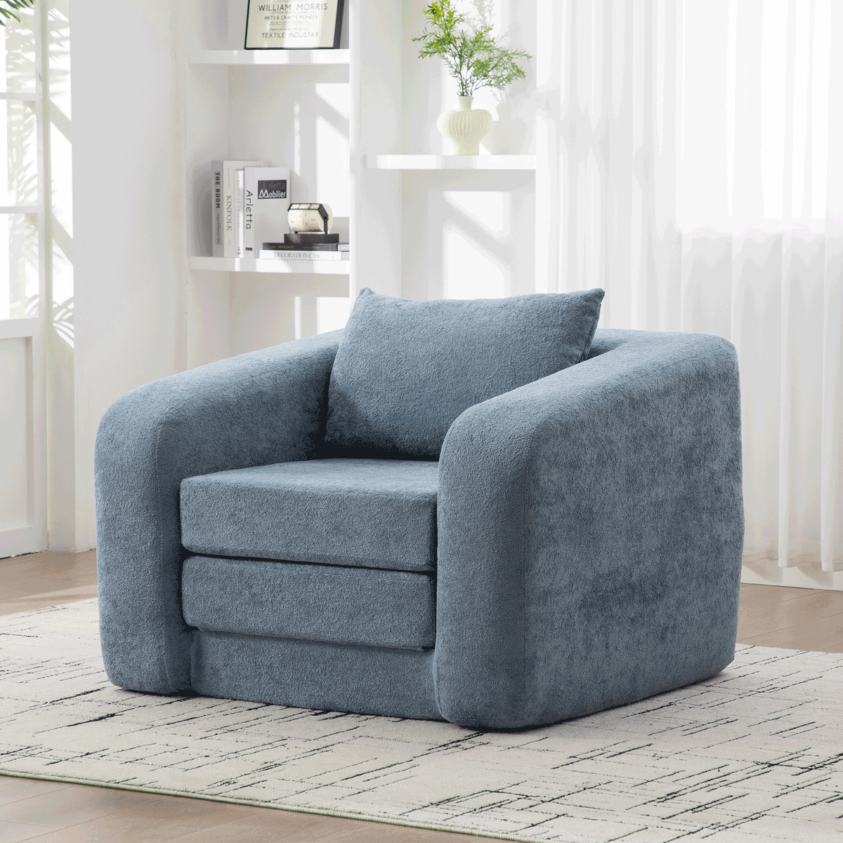 40" Foldable Single Sofa Bed with Armrest & Backrest, Convertible Chenille Boneless Cloud Floor Mattress Sleeper Lounge Accent Chair with Pillow for Apartment Living Room Bedroom Dorm Guest,Light Blue