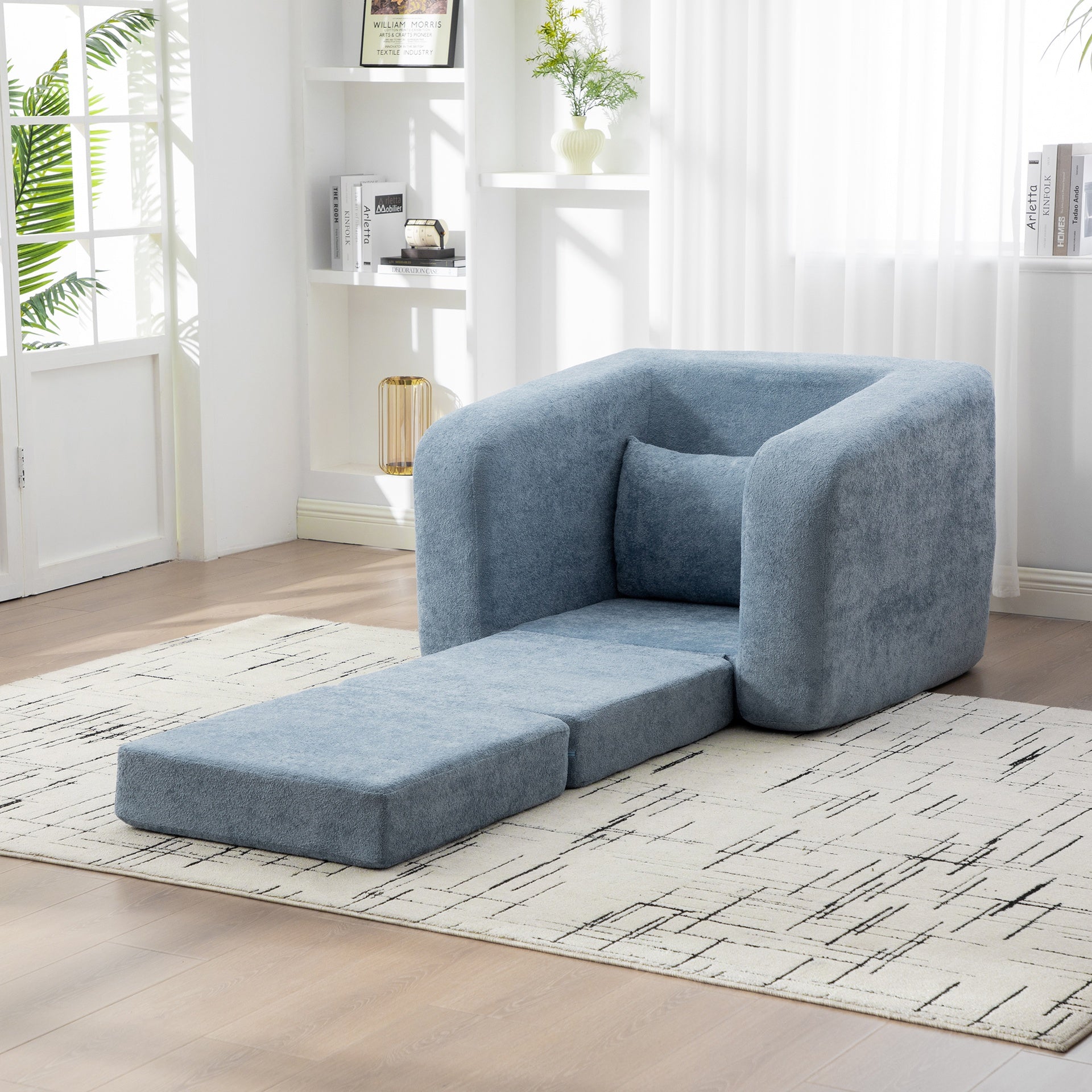 40" Foldable Single Sofa Bed with Armrest & Backrest, Convertible Chenille Boneless Cloud Floor Mattress Sleeper Lounge Accent Chair with Pillow for Apartment Living Room Bedroom Dorm Guest,Light Blue
