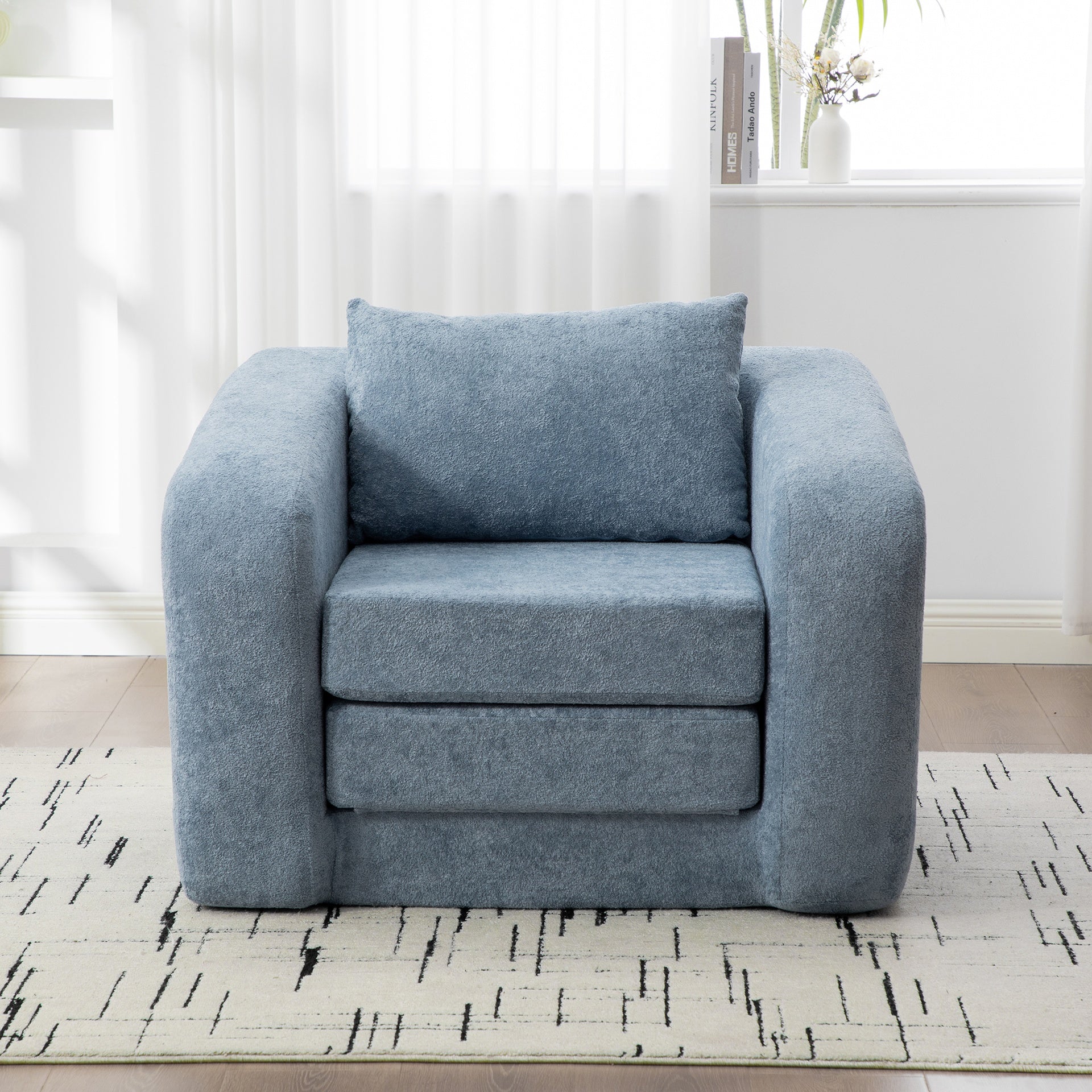 40" Foldable Single Sofa Bed with Armrest & Backrest, Convertible Chenille Boneless Cloud Floor Mattress Sleeper Lounge Accent Chair with Pillow for Apartment Living Room Bedroom Dorm Guest,Light Blue