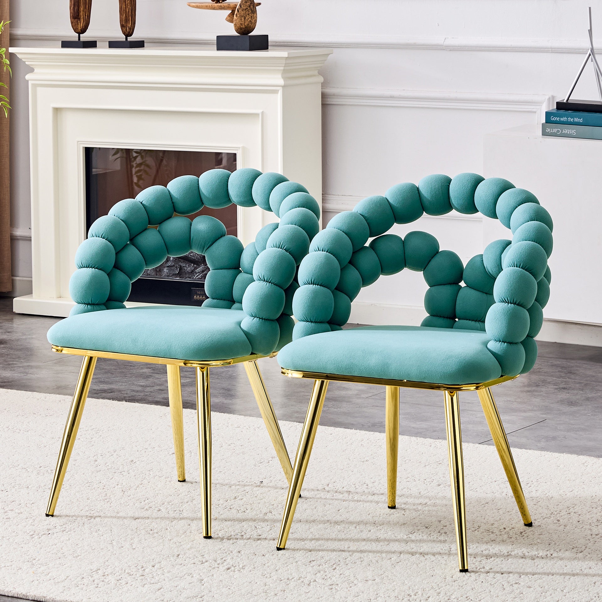 Set of 2 Teal Puffy Bubble Chair Ball Chain Chair Velvet Dining Chairs with Gold Legs, Modern Upholstered Accent Chairs for Dining Room & Kitchen