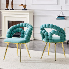 Set of 2 Teal Puffy Bubble Chair Ball Chain Chair Velvet Dining Chairs with Gold Legs, Modern Upholstered Accent Chairs for Dining Room & Kitchen