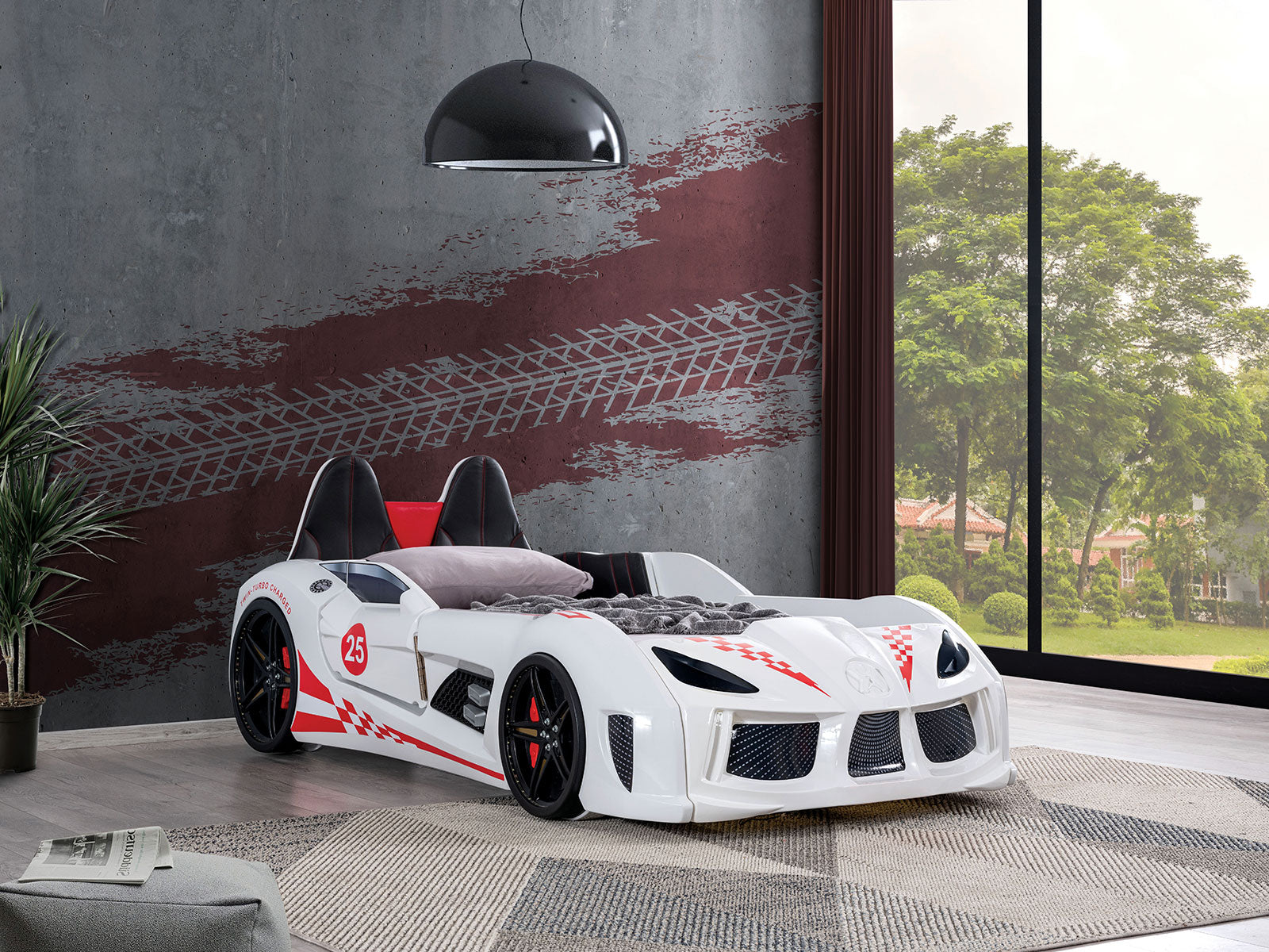 Modern Novelty Style Twin Size Race Car Design Bed Attached Two Magnetic Doors With LED Lights On Wheels And Bottom Upholstery Headboard And Sides White Finish