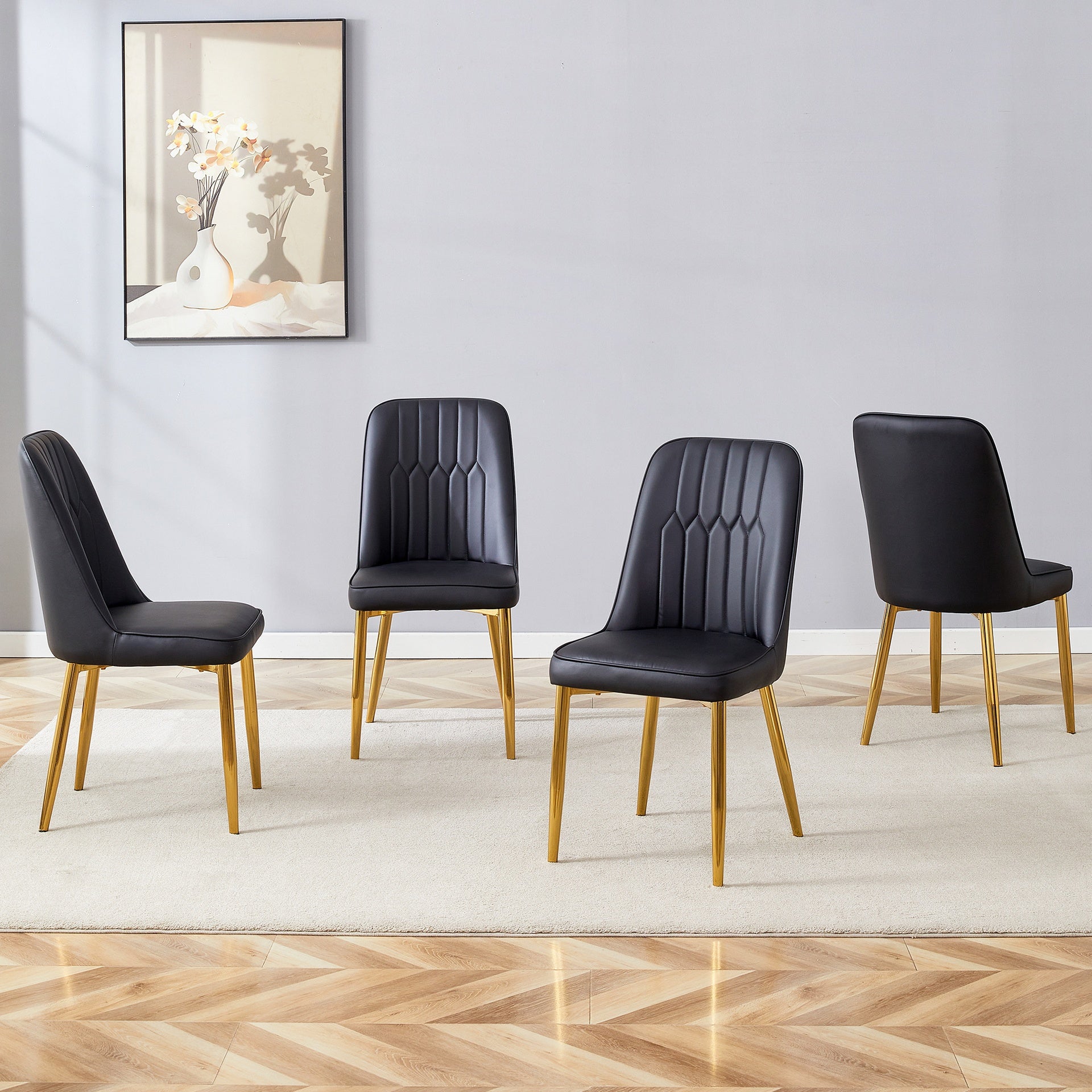 4 modern dining chairs, sleek PU leather backrest, and gold metal legs bring a comfortable home experience to the kitchen, bedroom, and office.