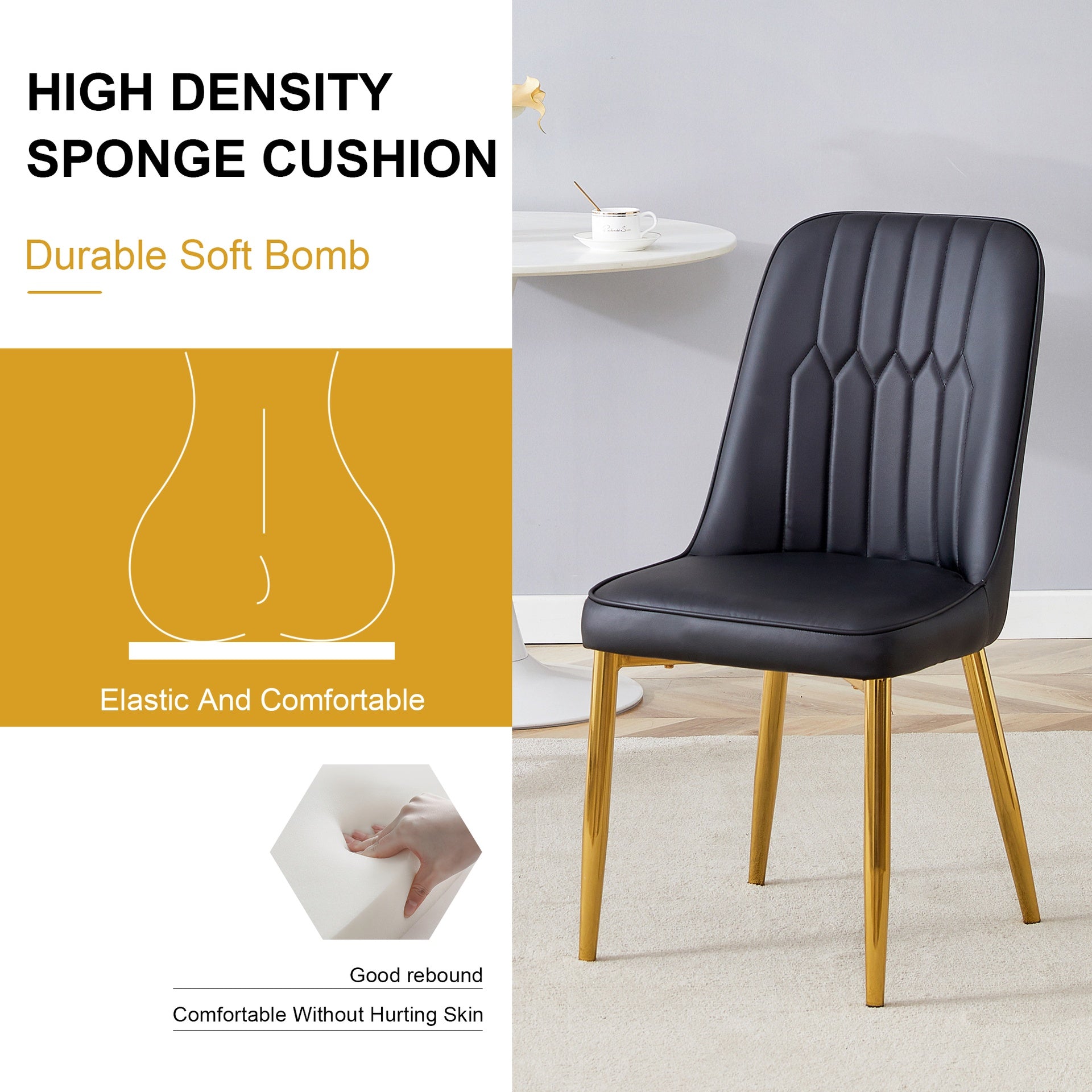 4 modern dining chairs, sleek PU leather backrest, and gold metal legs bring a comfortable home experience to the kitchen, bedroom, and office.