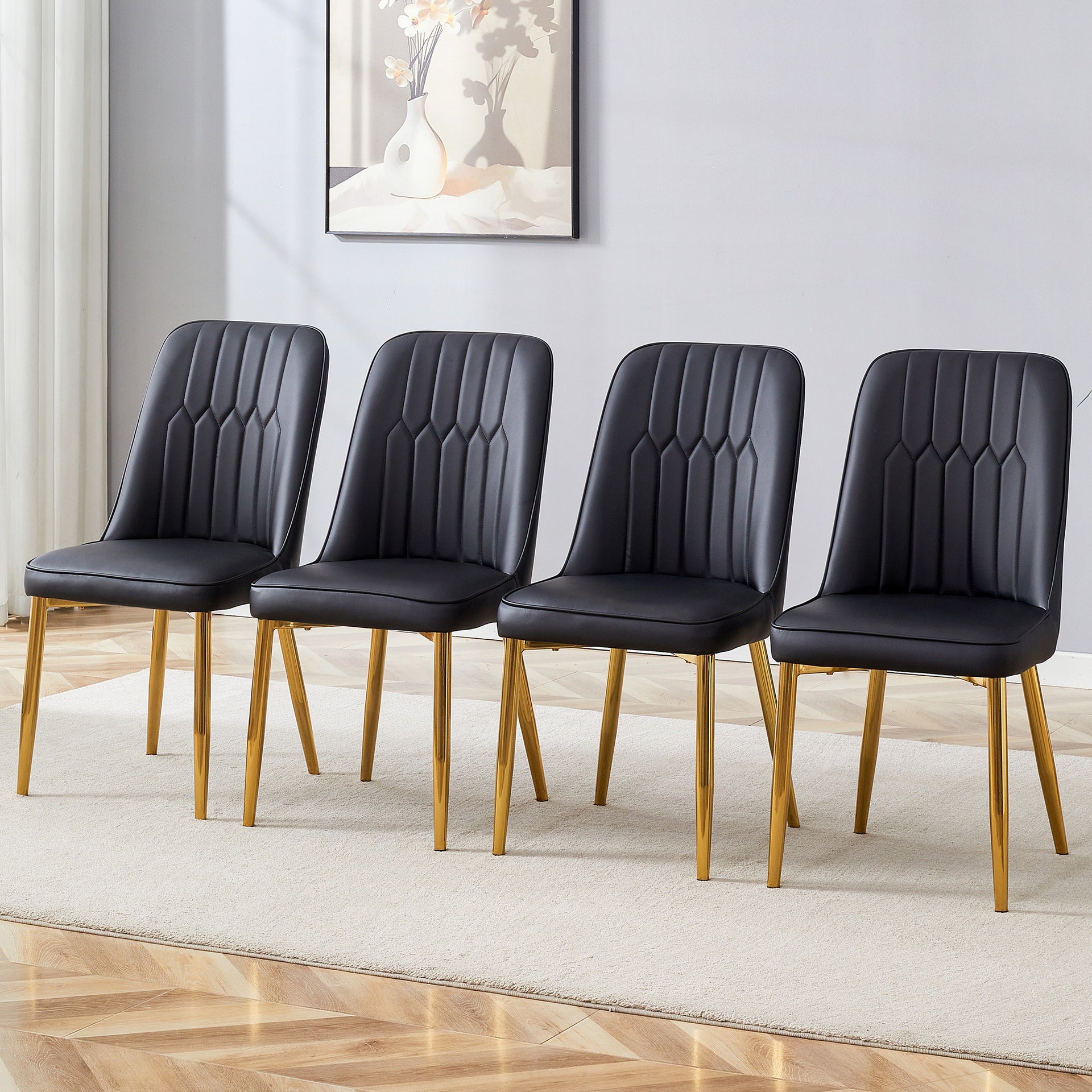 4 modern dining chairs, sleek PU leather backrest, and gold metal legs bring a comfortable home experience to the kitchen, bedroom, and office.