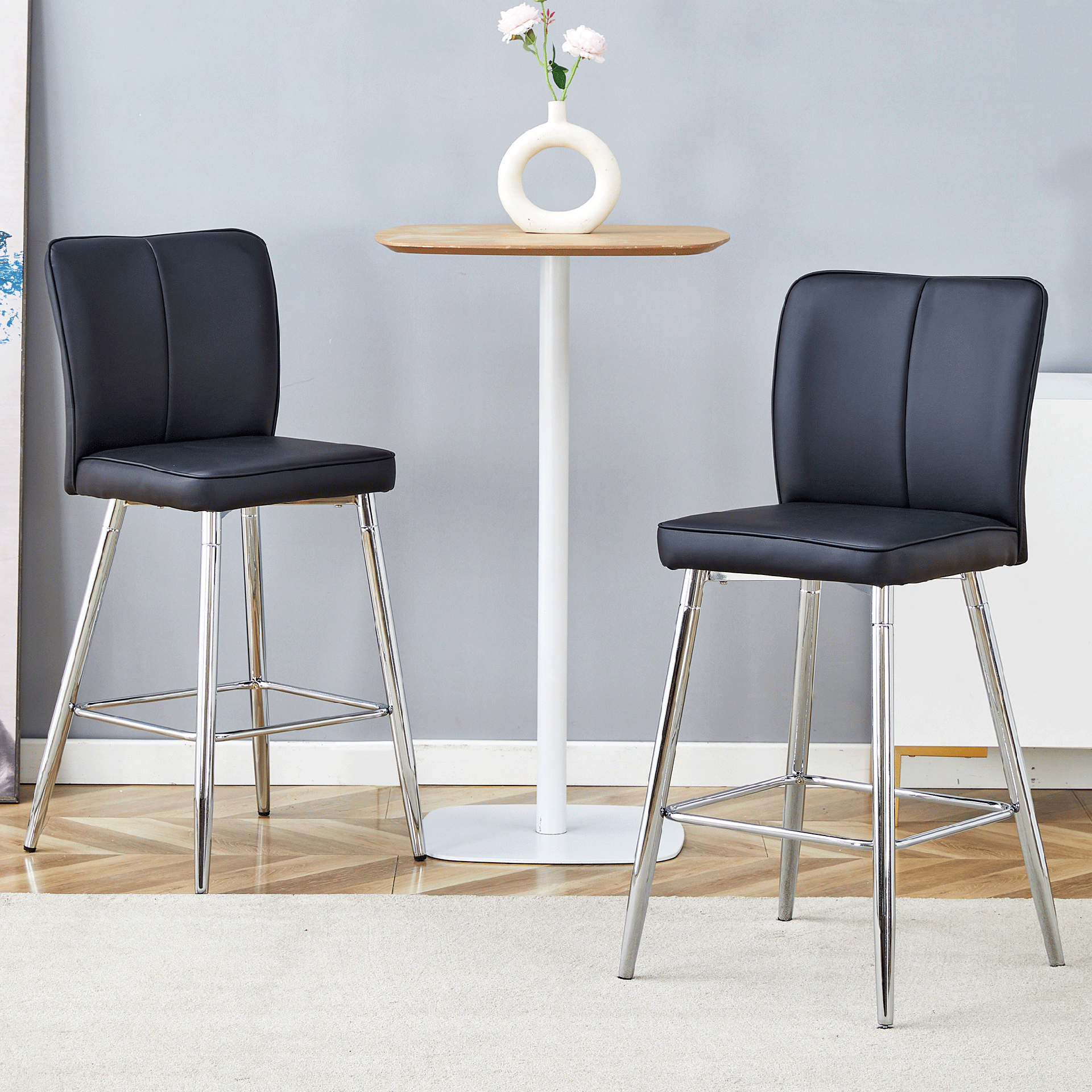 Modern Black PU Bar Chair Set - Two Pieces, The backrest has a vertical and smooth line design WIth Silver Metal Leg.Suitable for placement in bars, living rooms, bars, and other venues.
