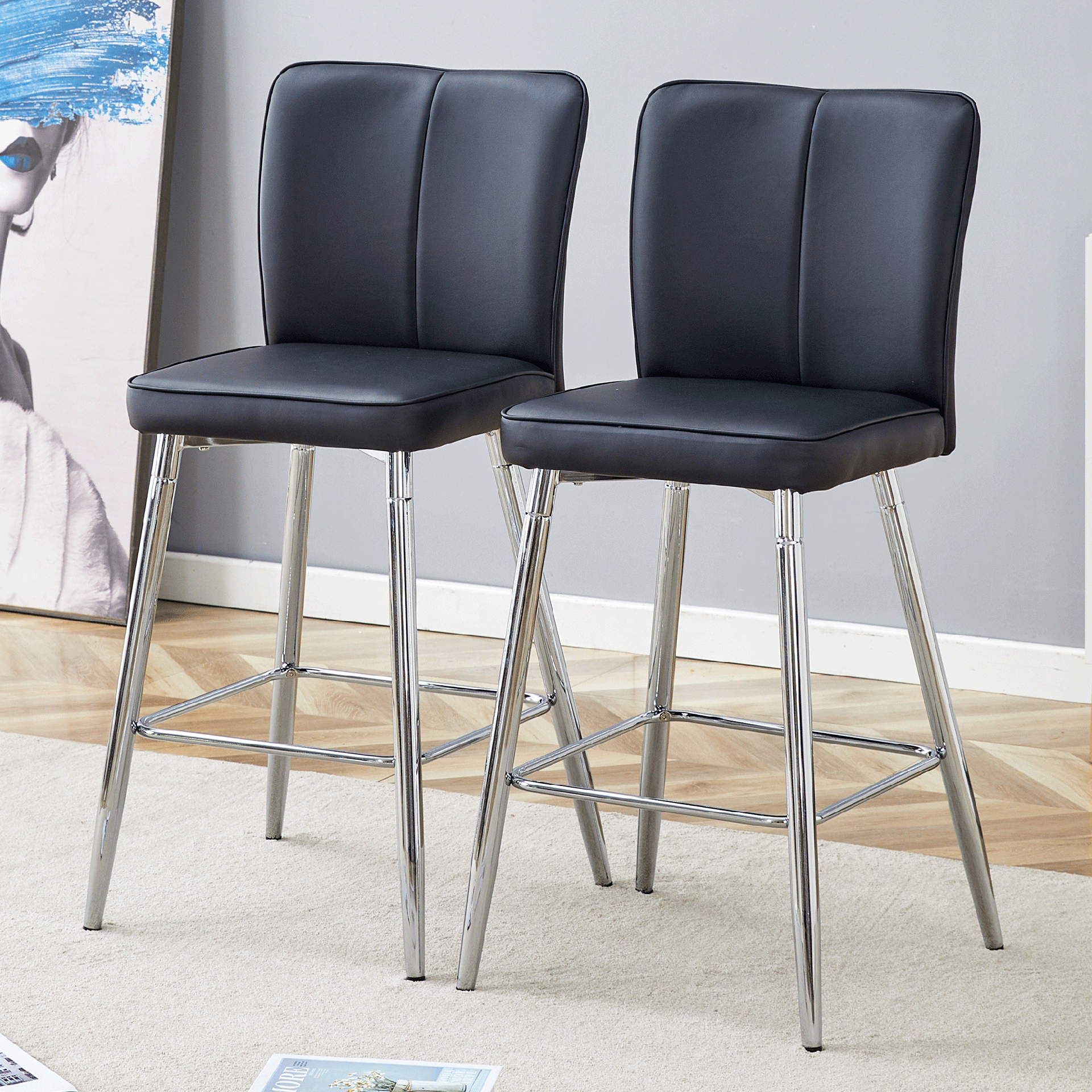 Modern Black PU Bar Chair Set - Two Pieces, The backrest has a vertical and smooth line design WIth Silver Metal Leg.Suitable for placement in bars, living rooms, bars, and other venues.