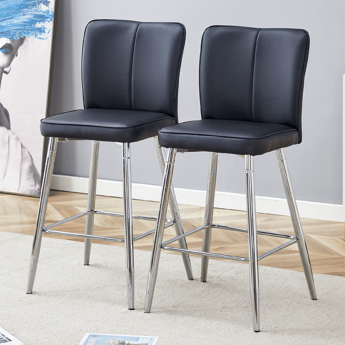 Modern Black PU Bar Chair Set - Two Pieces, The backrest has a vertical and smooth line design WIth Silver Metal Leg.Suitable for placement in bars, living rooms, bars, and other venues.