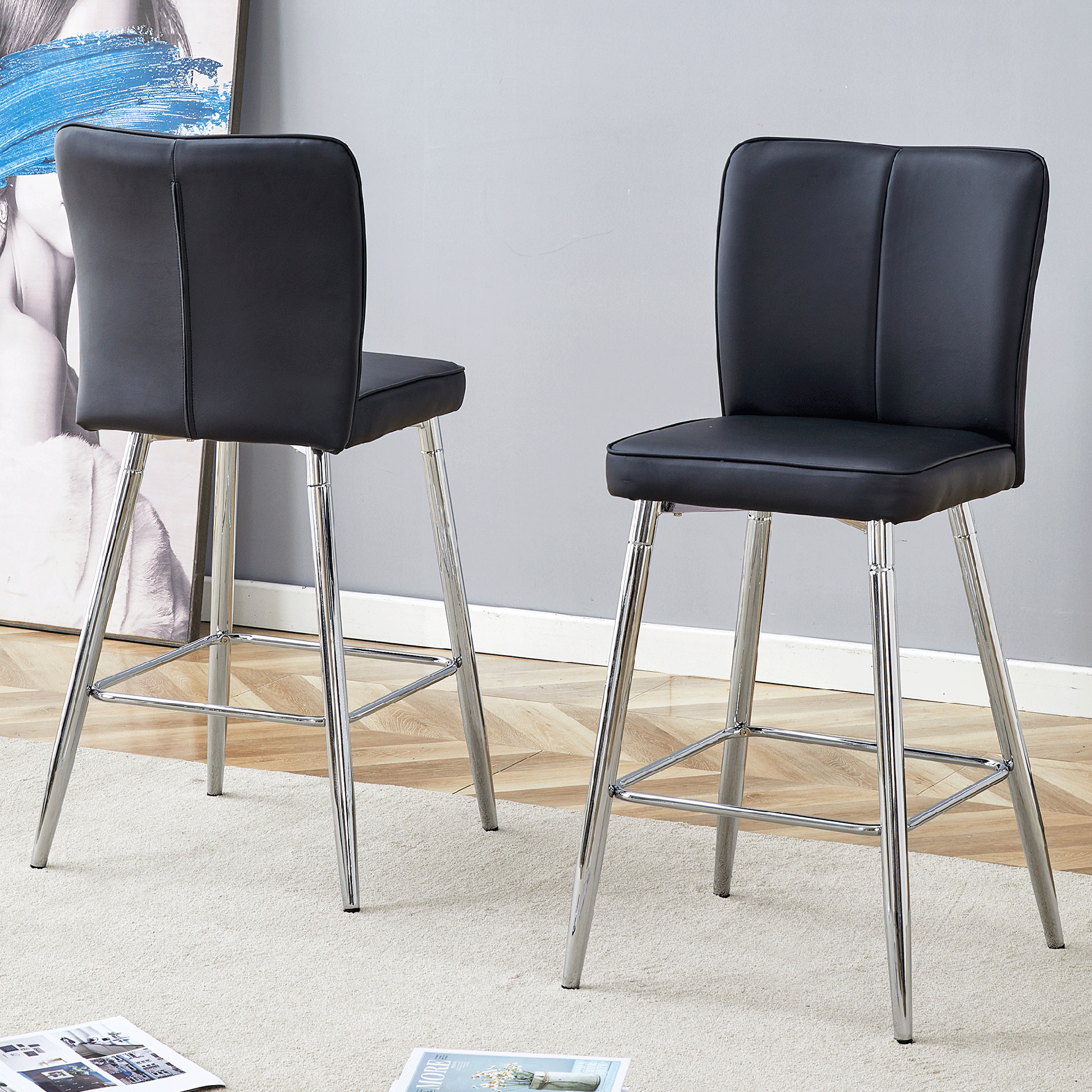 Modern Black PU Bar Chair Set - Two Pieces, The backrest has a vertical and smooth line design WIth Silver Metal Leg.Suitable for placement in bars, living rooms, bars, and other venues.