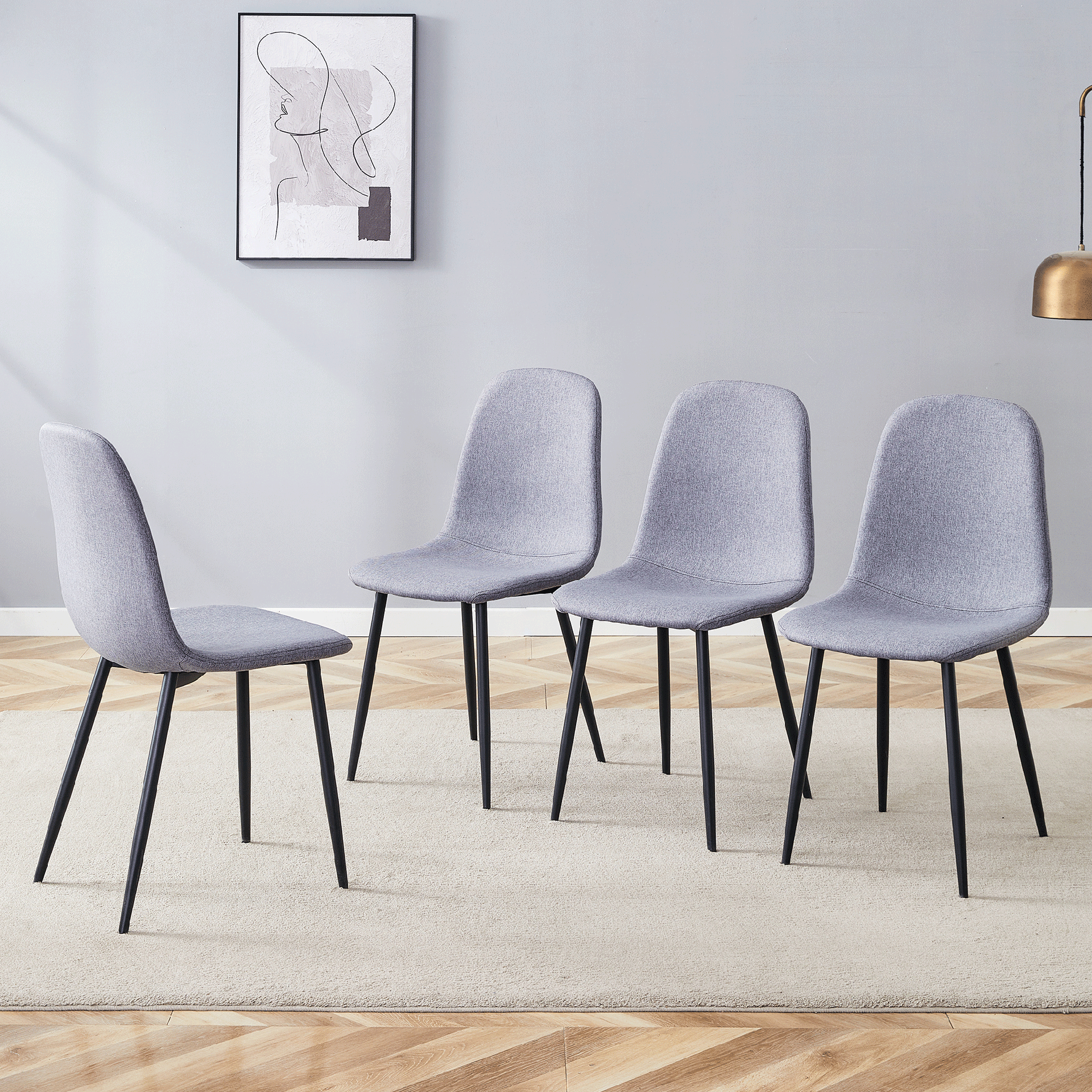 Luxury Simple Chair - Set of 4 Light Gray Linen-Cotton Material High Resilience Dining Chair with Metal Black Leg.Integral metal leg architecture,Suitable for various interior decoration styles.