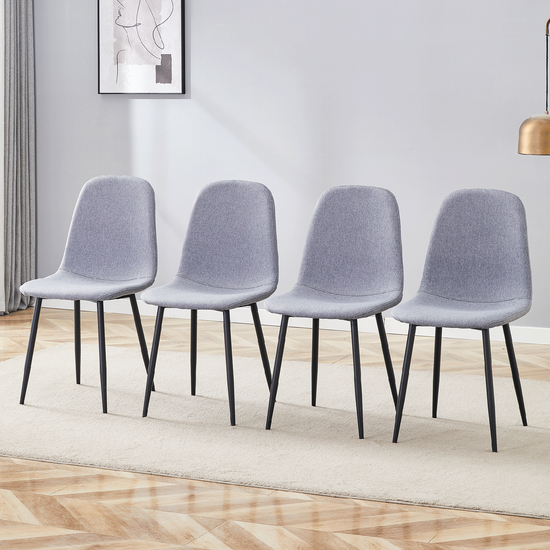 Luxury Simple Chair - Set of 4 Light Gray Linen-Cotton Material High Resilience Dining Chair with Metal Black Leg.Integral metal leg architecture,Suitable for various interior decoration styles.