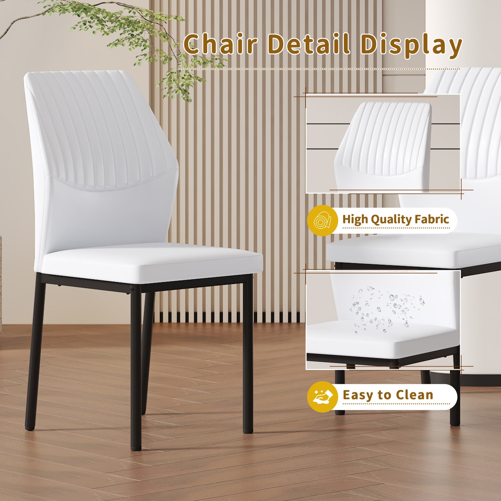 6-piece set of white and black light luxury PU dining chairs: ergonomic backrest, 36.7 inches high, suitable for multiple scenarios.Set of 6 WHITE PU Material High Resilience Dining Chairs.