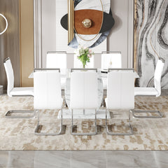 Table and chair set.Modern Simple Marble Pattern Dining Set - 71"x35.4" Table with 8 White PU Chairs.White marble pattern sticker,Tempered glass tabletop,Featuring Arched Silver Metal Chair Legs.