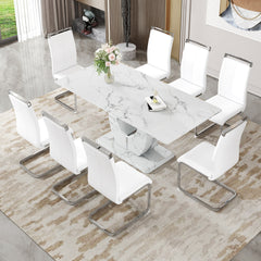 Table and chair set.Modern Simple Marble Pattern Dining Set - 71"x35.4" Table with 8 White PU Chairs.White marble pattern sticker,Tempered glass tabletop,Featuring Arched Silver Metal Chair Legs.