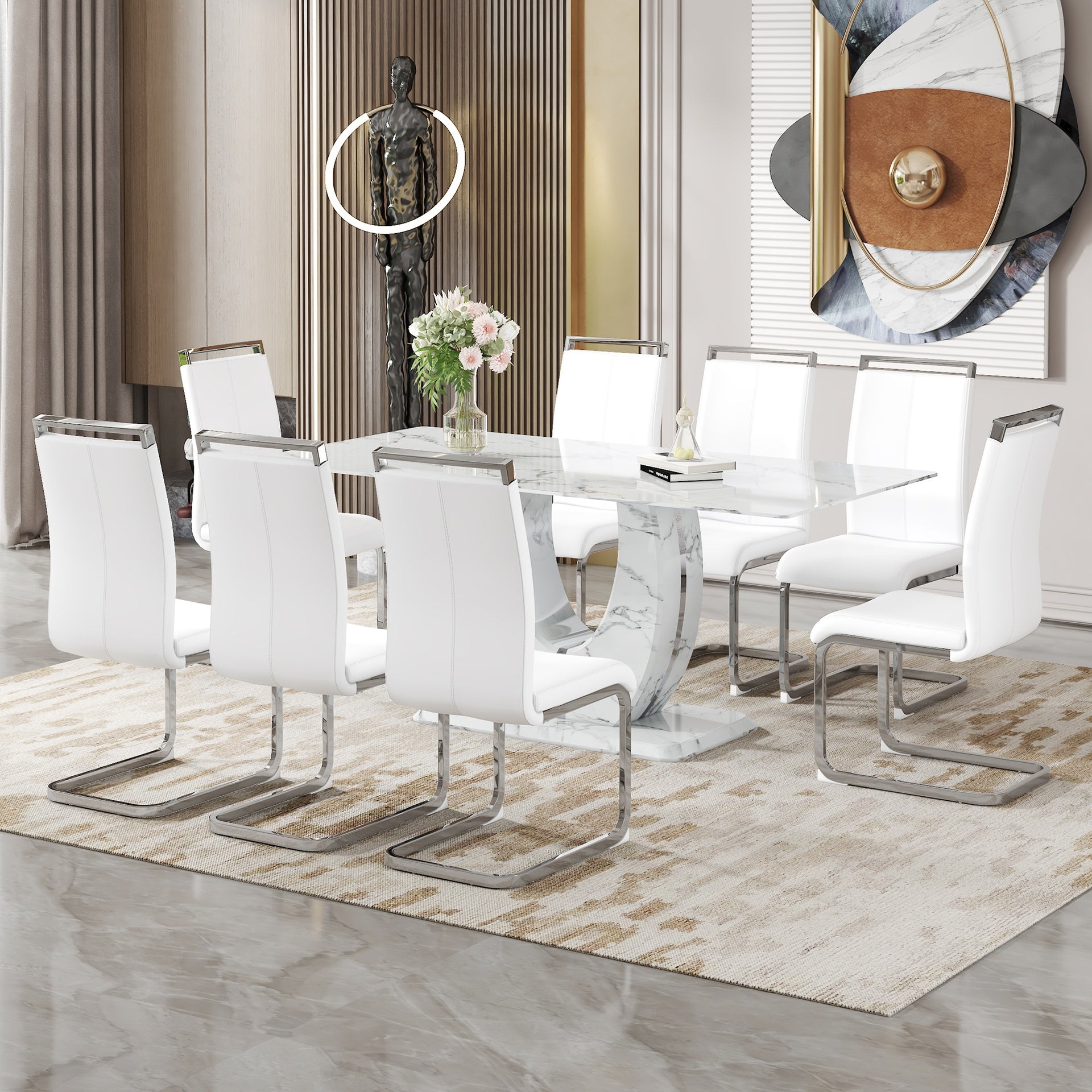 Table and chair set.Modern Simple Marble Pattern Dining Set - 71"x35.4" Table with 8 White PU Chairs.White marble pattern sticker,Tempered glass tabletop,Featuring Arched Silver Metal Chair Legs.