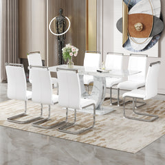 Table and chair set.Modern Simple Marble Pattern Dining Set - 71"x35.4" Table with 8 White PU Chairs.White marble pattern sticker,Tempered glass tabletop,Featuring Arched Silver Metal Chair Legs.