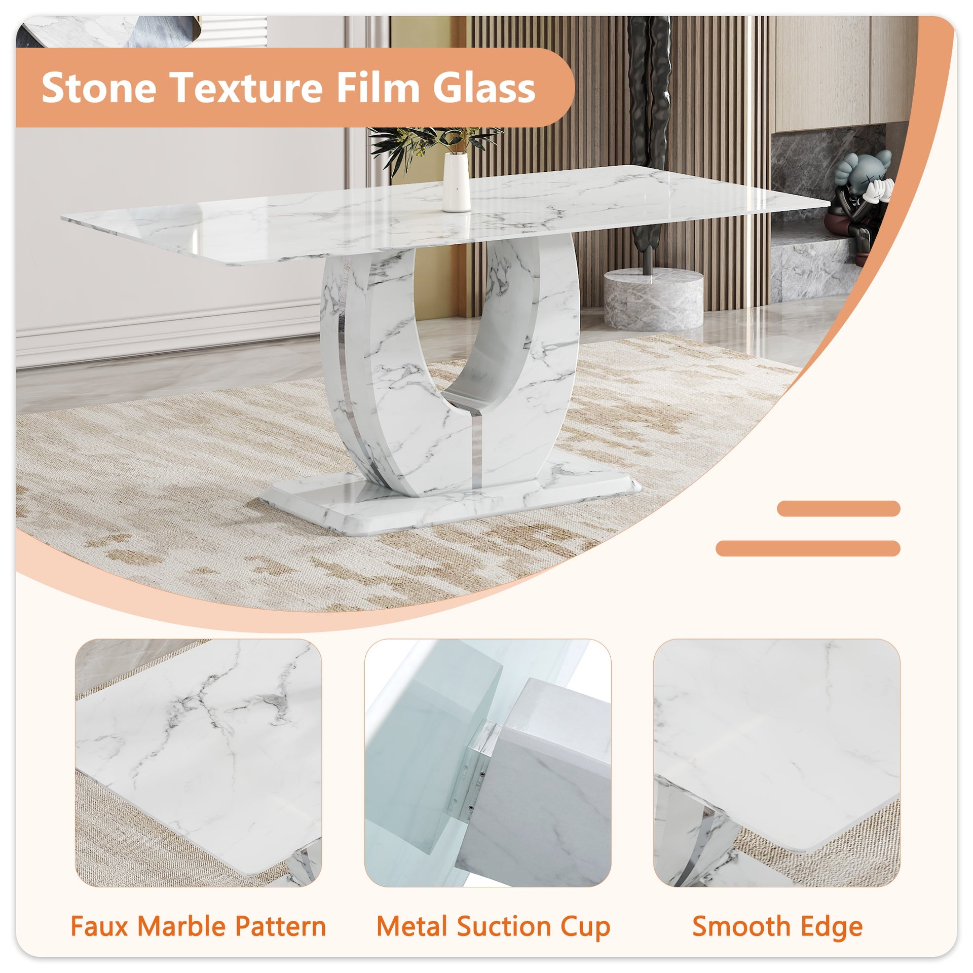 Table and chair set.Modern Simple Marble Pattern Dining Set - 71"x35.4" Table with 8 White PU Chairs.White marble pattern sticker,Tempered glass tabletop,Featuring Arched Silver Metal Chair Legs.