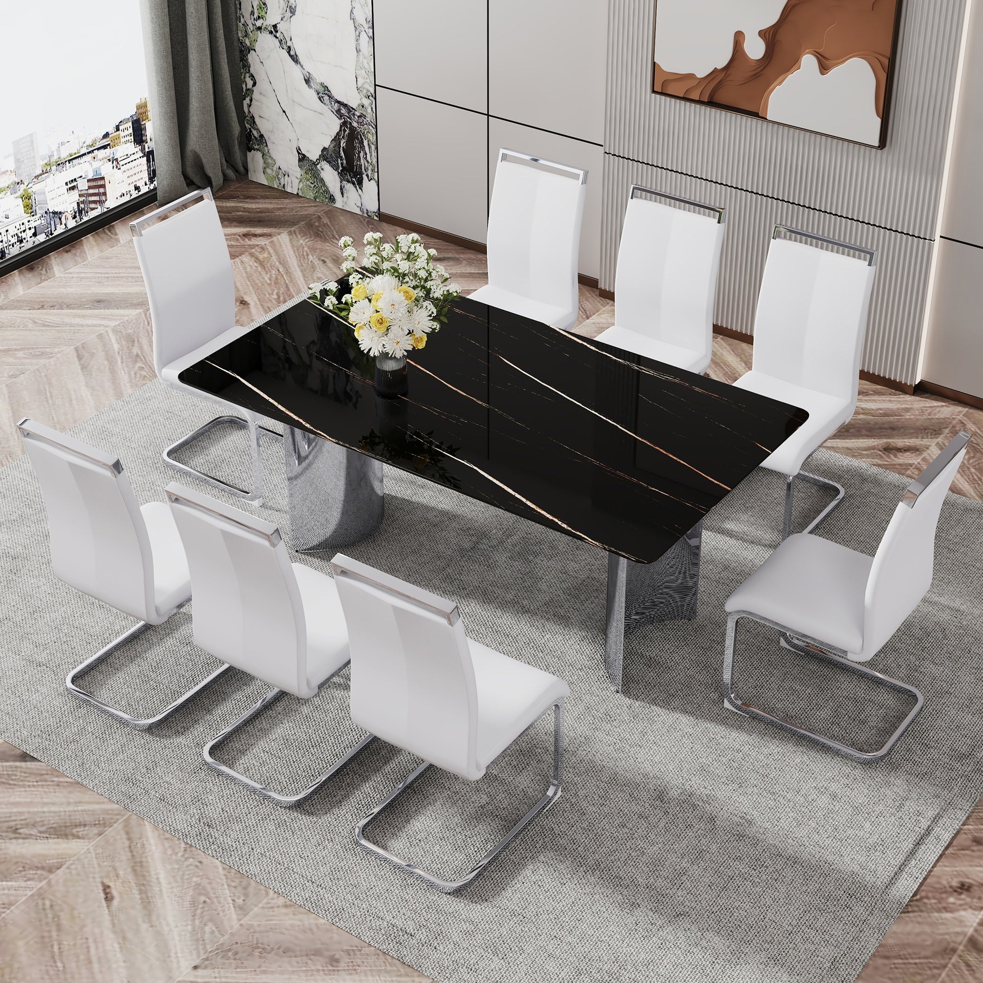 Table and chair set.The table has a glass top with imitation marble pattern stickers and stainless steel silver legs.Paired with 8 White PU Chairs with Silver C-tube Metal Leg.