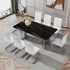 Table and chair set.The table has a glass top with imitation marble pattern stickers and stainless steel silver legs.Paired with 8 White PU Chairs with Silver C-tube Metal Leg.